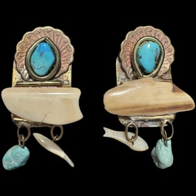 Vintage 1980s Adriana Ojai CA large Turq,bone,copper earrings
