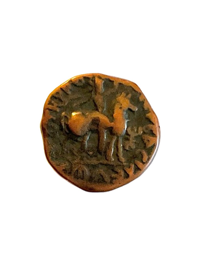 Ancient Kushan Empire, Vima Takto, c.80–100 C.E. Copper Tetra Drachma, King / King on: Title: Ancient Kushan Empire, Vima Takto, c.80–100 C.E. Copper Tetra Drachma, King / King on Horseback Date/Period: c.80–100 C.E. Materials: Copper Size: 20mm Description: Issued during th