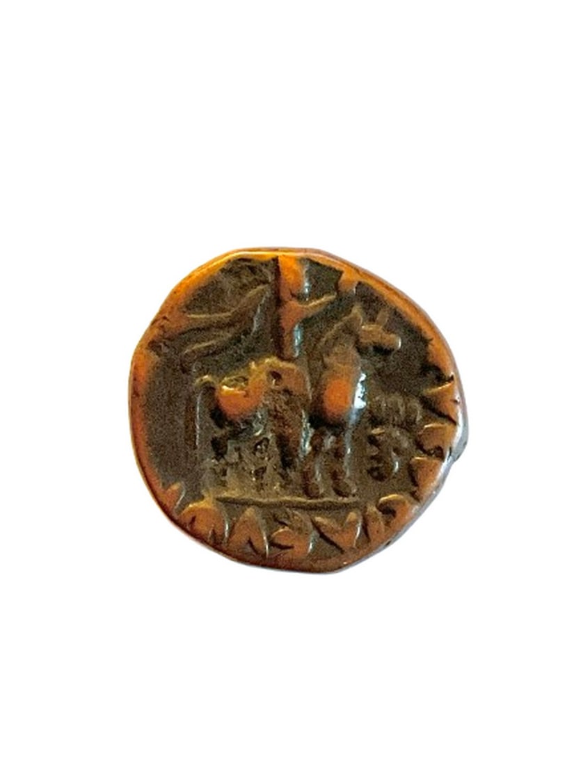 Ancient Kushan Empire, Vima Takto, c.80–100 C.E. Copper Tetra Drachma, King / King on: Title: Ancient Kushan Empire, Vima Takto, c.80–100 C.E. Copper Tetra Drachma, King / King on Horseback Date/Period: c.80–100 C.E. Materials: Copper Size: 20mm Description: Issued during th