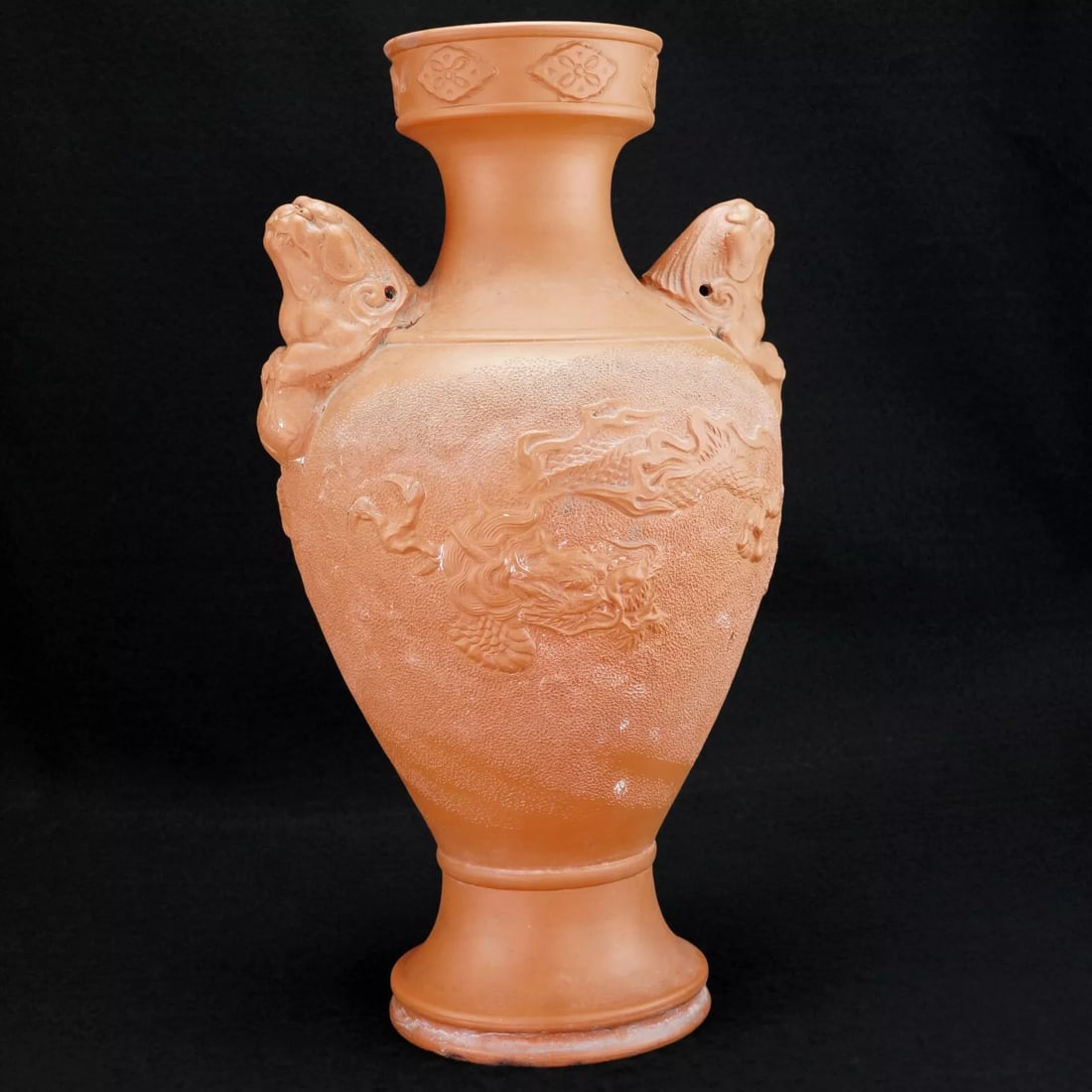 Japanese Tokoname Redware Dragon Vase Late Meiji/Taisho: Title:Japanese Tokoname Redware Dragon Vase Late Meiji/Taisho Size:12 ¼ in (31.1 cm) tall x 7 in (17.8 cm) wide x 6 in (15.2 cm) diameter. Description:A large and well-detailed Japanese redware