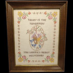 Cross Stitch Sampler with Embroidered Blue Birds