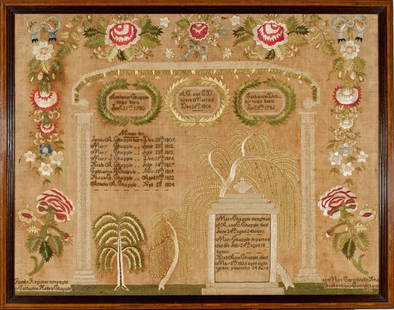 Needlework Sampler by Catharine Chapple, Miss Cornwall's School, Glastonbury, CT 1831: Catharine, at age 12, was boarding in Glastonbury, CT. and attended Miss Cornwall's School. Her family lived in lower Manhattan in New York. She worked this graphic sampler that includes all the class