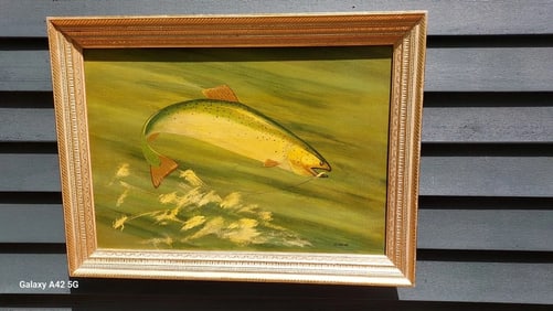 oil painting 1970 Fly Fisherman Catching Brook Trout