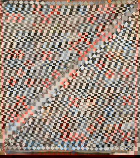 1880's Checkerboard Quilt Top, Diamond Border: Title: 1880's Checkerboard Quilt Top, Diamond Border Date: 1880's Origin: Ohio Material: Cotton Dimension [INCHES]: 74" X 84" Provenance: Cotton 1880's postage stamp / checkerboard / one patch quilt t