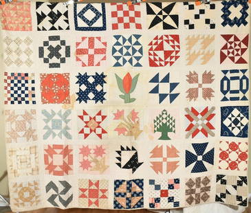 1870's Sampler Quilt: Title: 1870's Sampler Quilt Date: 1870's Origin: Ohio Material: Cotton Dimension [INCHES]: 80" X 92" Provenance: Cotton 1870's sampler quilt, all hand pieced, hand appliqued, and hand quilted. There a