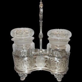 Antique Crystal & Silver-Plate Double Pickle Castor 'Jars & Stand', Circa 1900's