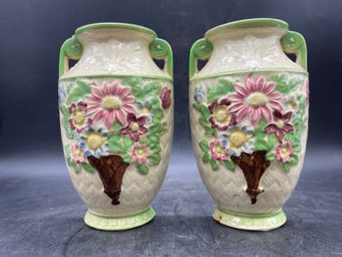 Pair 1950's Ceramic Flowered Wall Pocket Vase Japan