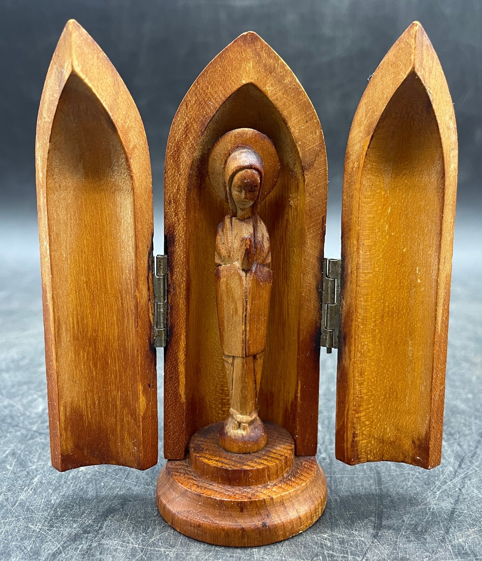 Vintage Miniature Travel Shrine Mother Mary: Title: Vintage Miniature Travel Shrine Mother Mary Date/Period: unknown Dimension: Approx. 4" tall Material: wood Additional Information: Vintage miniature wooden hinged travel shrine carved 4 inch pr