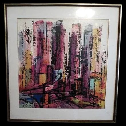 Vintage 1960s Lithograph "City Scene" by Xanti Schawinsky (1904 - 1979) Bauhaus Artist 20th century: Vintage Lithograph print after an original painting by Xanti Schawinsky. The signature is part of the printed image .Xanti Schawinsky (26 March 1904, Basel, Switzerland - 11 September 1979, Locarno, S