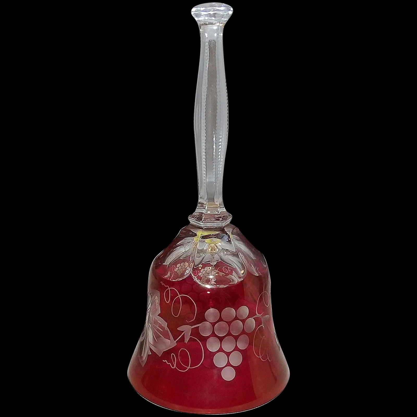 Large CRYSTAL BELL Bohemian Czech Ruby Cut to Clear Grape and Leaf 7 ½” Tall (1 of 6)