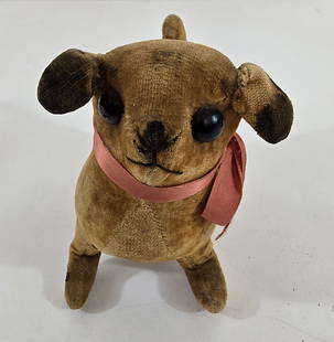 Stuffed dog toy: Title: Stuffed dog toy Dimension: 5" long x 4.75" high Description: Early stuffed dog toy with great detail ca 1890-1910. Excellent condition. Ex Olde Hope collection. Shipping: Domestic: Flat-rate of