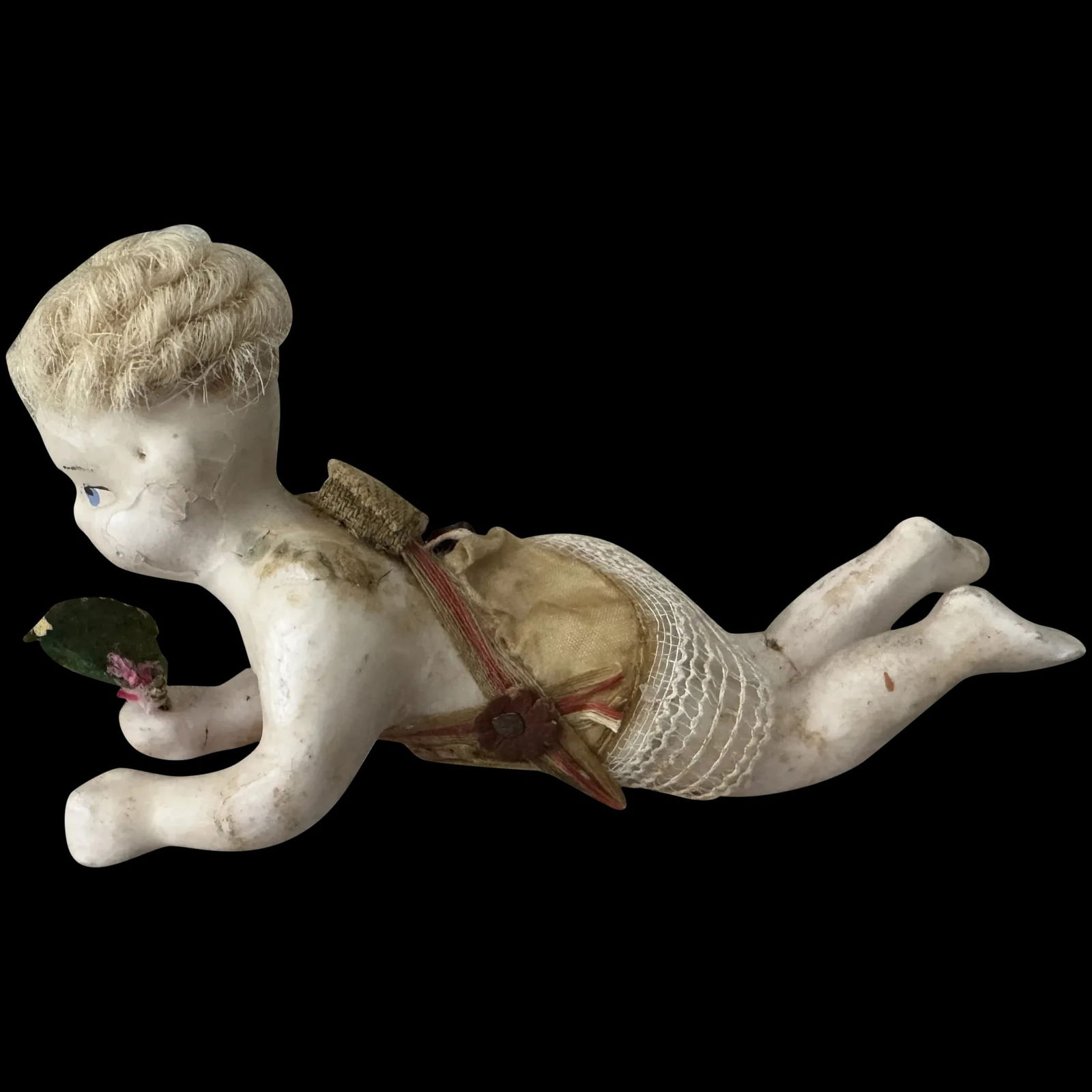 German Antique Wax Angel Christmas Ornament 1800's, Mohair Wig (1 of 10)