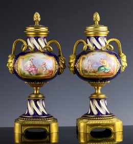 French Sevres-style Porcelain & Gilt Bronze Ormolu Cassolettes Urns, Louis XV style, Circa 1880-1900