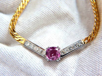 GIA 2.52ct NATURAL NO HEAT PINK SAPPHIRE DIAMONDS "V" NECKLACE 14KT+: No Heat, True Pink Cushion sapphire "V" Necklace 1.52ct. GIA Certified Report: 1152217761 Natural, No Enhancements. Prime Pink & Transparent VS Clean Clarity. 7.15 X 6.72 X 3.32mm To accompany with ap