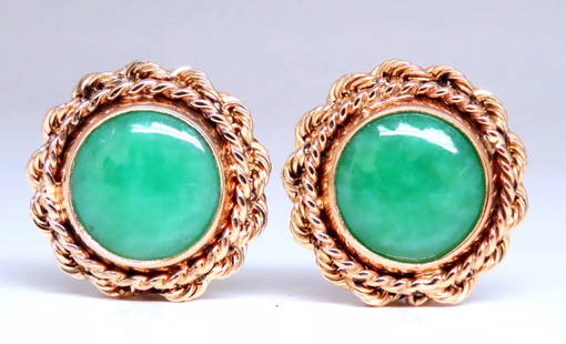 American Jade Rope Twist Federalist Clip Earrings 14kt 12506: Title American Jade Rope Twist Federalist Clip Earrings 14kt 12506 $1,800.00 PRODUCT DESCRIPTION 12mm jade earring v 14kt yellow gold 13.1 geams 14mm wide omega clip Reserve: $1,440.00