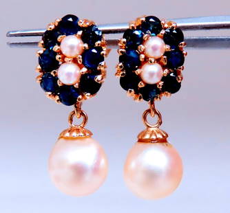 8.5mm Pearl 2ct Sapphire Dangle Earrings 14kt 12499: Title 8.5mm Pearl 2ct Sapphire Dangle Earrings 14kt 12499 $600.00 PRODUCT DESCRIPTION 2ct natural sapphire dangle earrings 8.5mm natural fresh water pearl 3mm seed pearls 2.5mm long 9mm wide 14kt yell