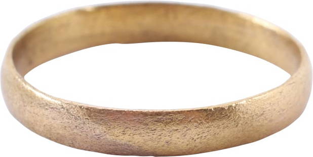 VIKING WEDDING RING, 10th-11th CENTURY AD, SIZE 8 ¼: 10th-11th century AD. Gilt bronze. Size 8 1/4, 3.1mm width, with low rounded face. Superior preservation for these. Vikings exchanged rings on the pommel of the groom’s sword. Professionally ref
