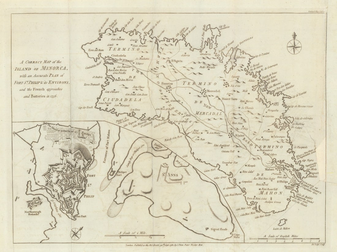 A Correct map of Minorca with a… Plan of Fort St. Philip by John Lodge 1781: CAPTION PRINTED BELOW PICTURE: 'A Correct map of Minorca with an Accurate Plan of Fort St. Philip & its Environs and the French approaches and batteries in 1756' At the time of publication, Menorca wa