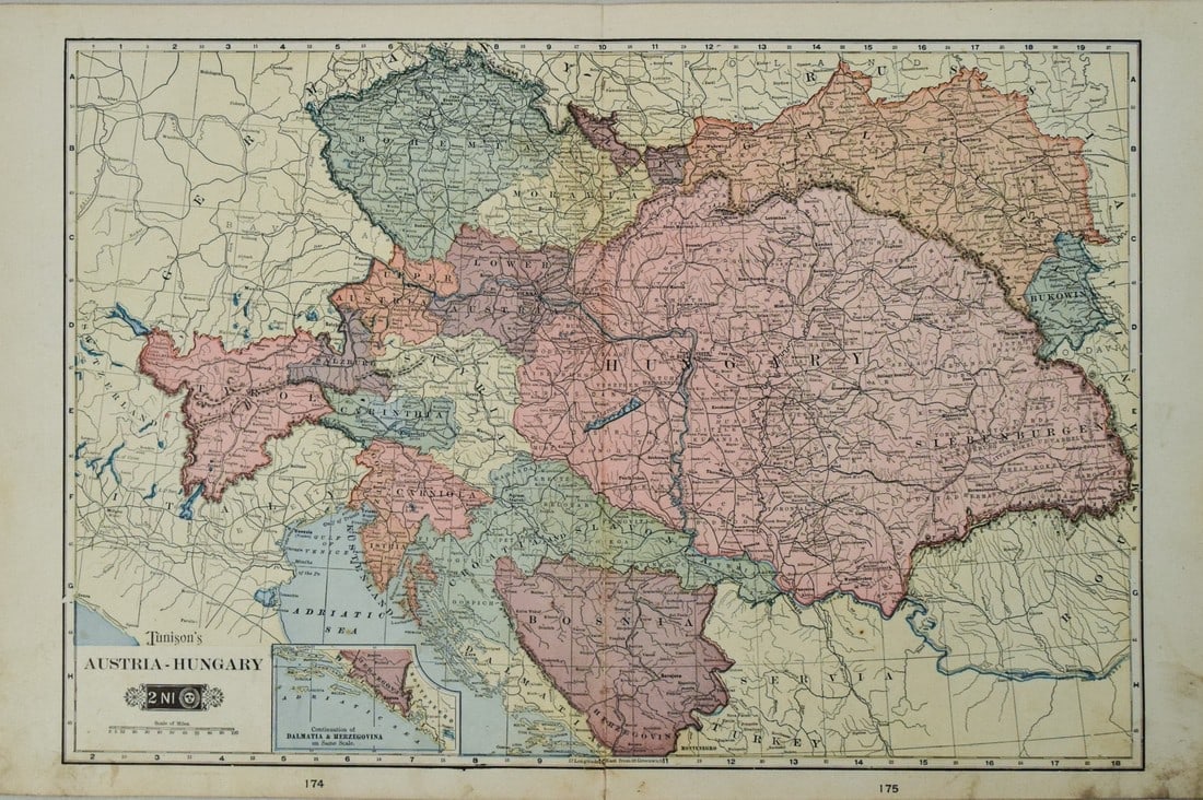 1890 c. Tunnison Map of Austria-Hungary [verso] Italy [verso] Switzerland -- Austria-Hungary [verso] (1 of 3)