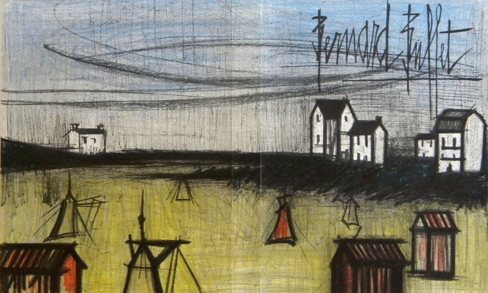 Bernard Buffet original lithograph "A Small Beach": Medium: original lithograph. Printed in Paris in 1968 by the Mourlot atelier for the dustjacket cover of the Mourlot catalogue raisonne of Bernard Buffet lithographs. Sheet size: 12 1/2 x 20 1/4 inche