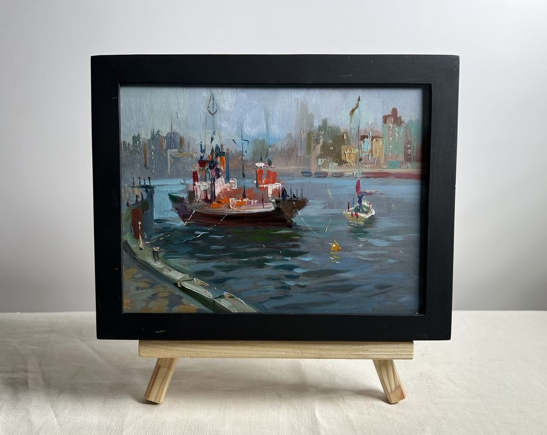 Oil painting Ship at the pier Yuriy Suprunchuk: AAA4145 This oil painting titled "Ship at the Pier," showcases a vibrant and dynamic maritime scene, characterized by expressive brushwork and a rich palette of colors. The artwork prominently feature