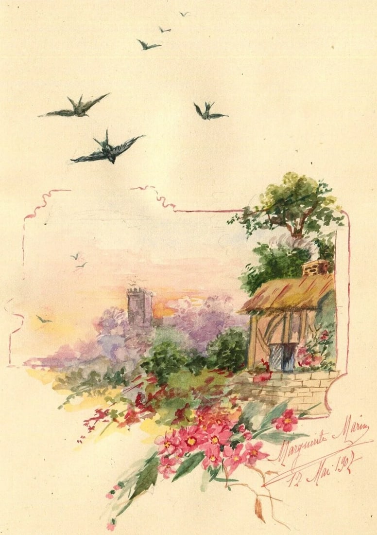 Vintage Drawing Original signed House, Vegetation, Birds, Landscape: Title: Vintage Drawing Original signed House, Vegetation, Birds, Landscape Description: Watercolor on paper 20.5 x 14 cm / 8.07 x 5.51 inches Signed marguerite marin 1902 folds Reserve: $25.00<