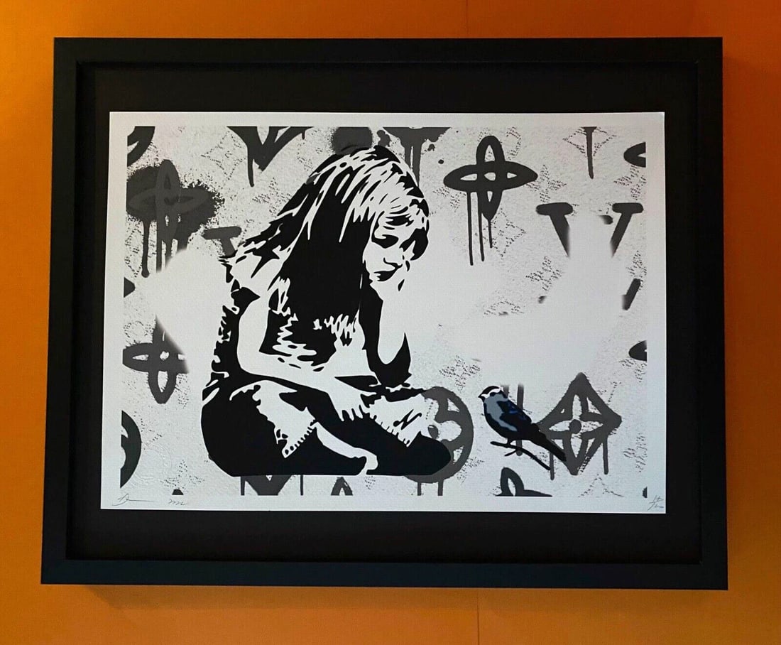 DEATH NYC Hand Signed LARGE Print Framed 16x20in COA BANKSY GIRL GRAFFITI BIRD B (1 of 5)