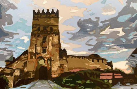 Oil painting Impregnable fortress Oleksandr Gukalov: №AAA3251 The painting "Impregnable Fortress" is an evocative and bold oil on canvas piece that vividly portrays the grandeur and resilience of an ancient stronghold. The artist utilizes a rich a
