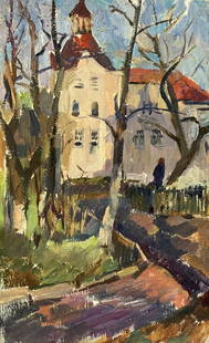 Oil painting City streets Mykhailo Burdylo: №AAA3437 The painting titled "City Streets" is a poetic and intimate representation of a quiet urban scene, masterfully crafted with oil on canvas. The composition centers around a charming buil