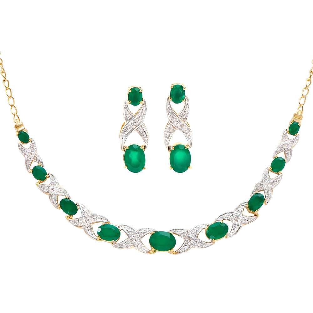 6.18 TW CTS GREEN AGATE & DIAMONDS 18K GOLD PLATED DESIGNER NECKLACE & EAR-RING SET 19 INCHES (1 of 2)