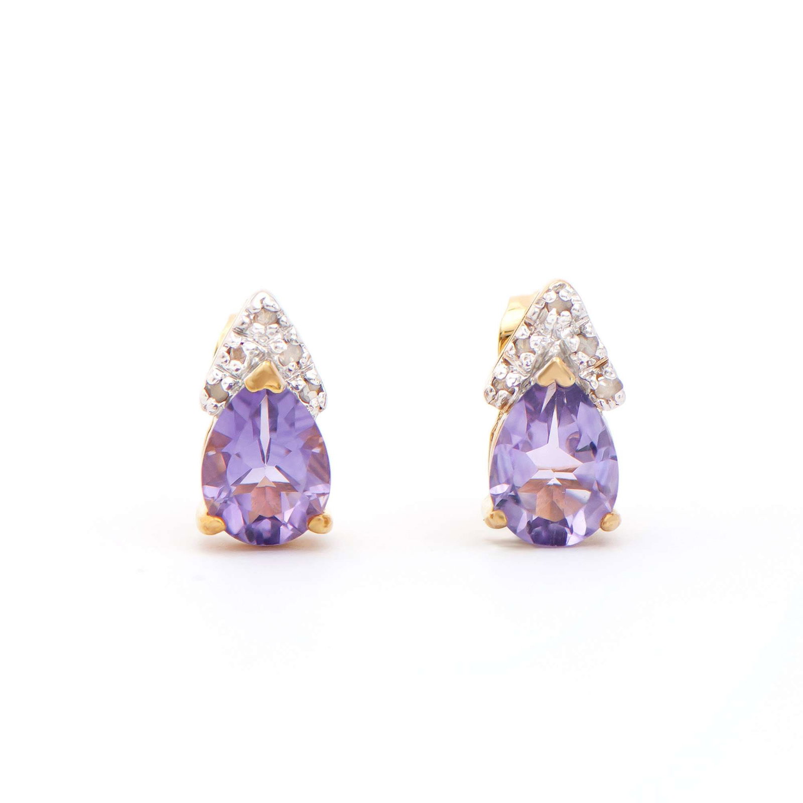 2.06 ctw Amethyst & Diamonds 18K Gold Plated Designer Earrings: Title: 2.06 ctw Amethyst & Diamonds 18K Gold Plated Designer Earrings Stone 1: Amethyst Color: Violet Shape: Pears Size: 8x6 Quantity: 2 CTW: 2.01 Stone 2: Diamonds Color: H-I Shape: Rounds Size: 1.1m