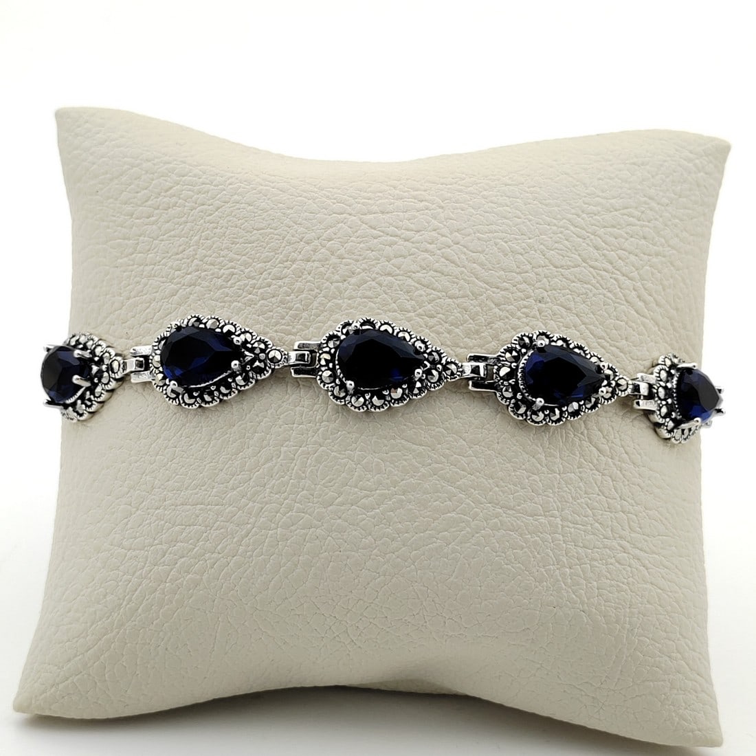 925 Silver Ladies Bracelet with Blue Zircons and Marcasite (1 of 8)
