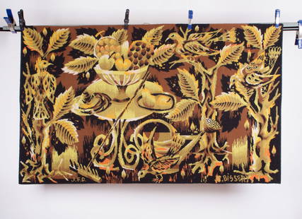 Jean Claude Bissery mid century Autumn wool tapestry on a jacquard metier: JC BISSERY, editor JEdition French Center for Carpets and tapestries mecanical point, hand signed by the artist and the publisher, Bissery is associated on an equal footing with Picart-Ledoux. Both