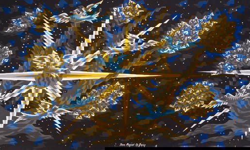 FRENCH TAPESTRY JEAN PICART LEDOUX MODERNIST Soleil d'ete: Created in France in the 1950 this cotton tapestry reflect the democratic desire of that time to produce affordable art . Neo fantastic and influenced by the cubist movement Picart Ledoux tapestry