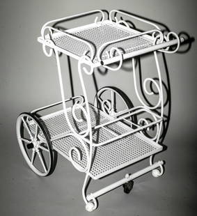 FRENCH-MODERNIST-TROLLEY-MATEGOT Mid-century serving table rigitulle 2: French modernist bottle holder made in the 1950's by Mathieu Mategot , it is made with his trademark bent metal rigitulle adding whimsical effect .He designed furniture and object for a short time ,