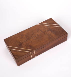French Antique art deco tote box in the manner of Leleu Flamed Walnut: French Art deco wood box "tote everything " solid palisander box with metal handle size10.2 x 5.5 x 2 in , good antique condition , many of those have been attributed to Leleu , flame walnut , bone