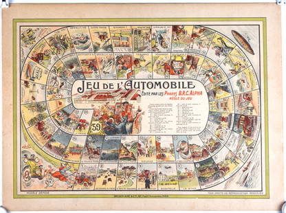 French Jeu de L'oie/ Goose game 1900 early car advertisement: The Game of the Goose or Goose game is a board game where two or more players move pieces around a track by rolling one or two dice. The aim of the game is to reach square number sixty-three before