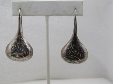 Vintage Southwestern Sterling Puffy Engraved Earrings, Pierced 2"