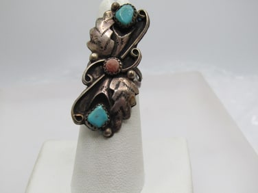 Vintage Sterling Southwestern Turquoise Coral Ring, Sz. 6, 1.75" Unisex