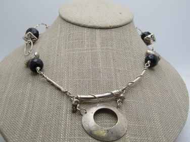 Vintage Sterling Southwestern Stamped Necklace, Black Beads, 23", 1980's-1990's