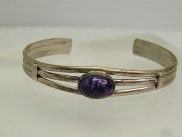 Vintage Sterling Southwestern Charoite Cuff Bracelet, 6.5", 1970's-1980's, Signed