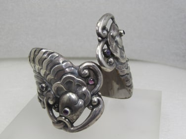 Vintage Sterling Double Fish Clamper Bracelet, Amethyst Accents, 7.5", Signed Valladares