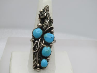 Vintage Sterling Southwestern Turquoise Ring, Sz. 9, Long . 1970's-1980's, Unisex