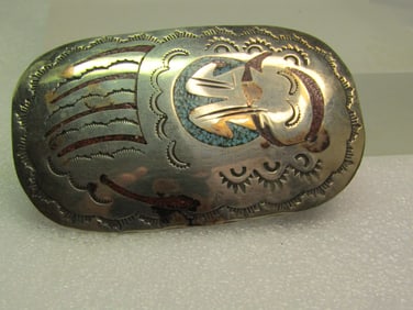 Vintage Inlaid Red/Turquoise Chip Belt Buckle, Southwestern. Silver Tone, 1970's-1980's