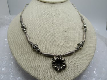 Vintage Southwestern Silver & Rose Beaded Necklace with Lily Pendant, 19.5"
