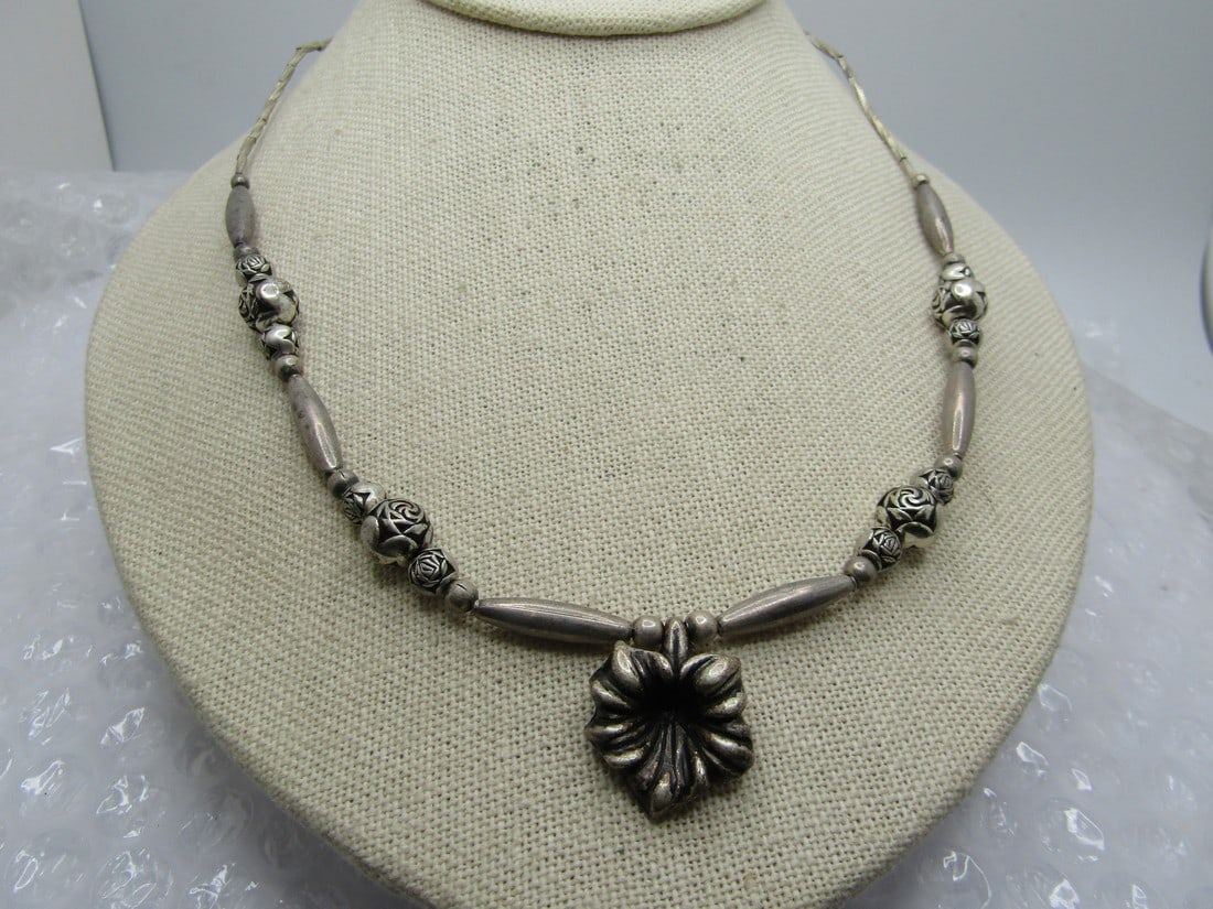 Vintage Southwestern Silver & Rose Beaded Necklace with Lily Pendant, 19.5" (1 of 7)
