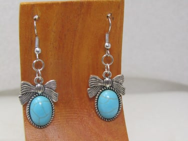 Faux Turquoise Bow Earrings, Pierced, 2"