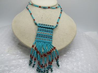 Vintage Southwestern Beaded Tassel Pouch Necklace, 24"