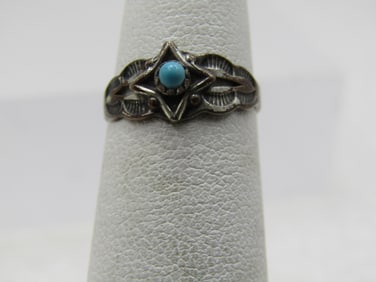 Vintage Sterling Southwestern turquoise Snakeye Ring, Sz. 3, Bell Trading, Mid-Century