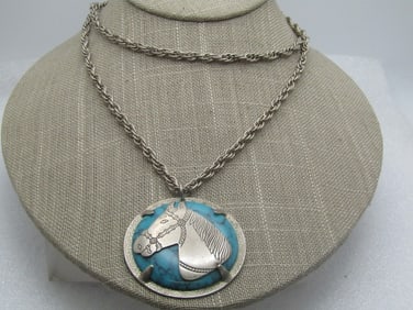 Vintage Faux Southwestern Turquoise Horse Necklace, Bell Nickel Silver , 28", 1960's.